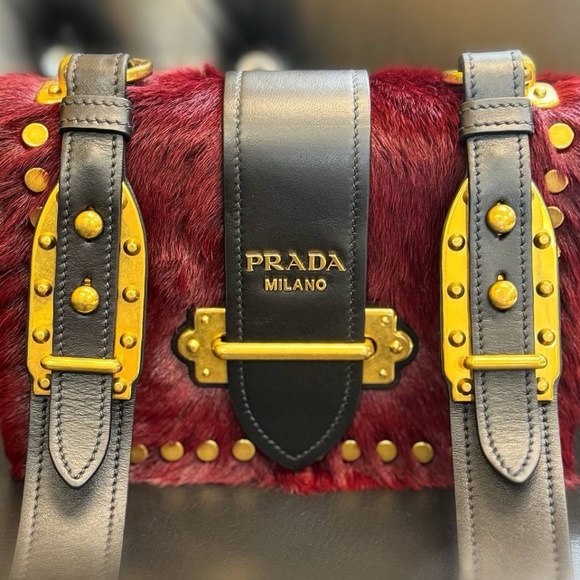 PRADA Cahier hair city pony-style calfskin faux fur crossbody bag granato black - Picture 11 of 12